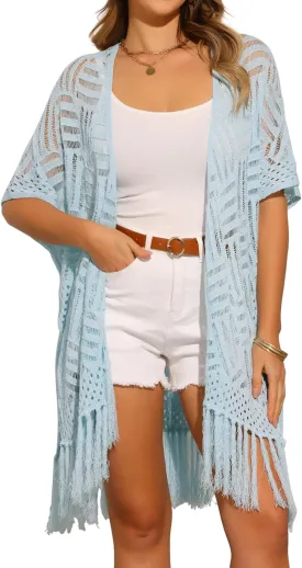 Allegra K Women's Summer Crochet Cardigan Short Sleeve Open Front Lightweight Boho Cover Up Cardigans