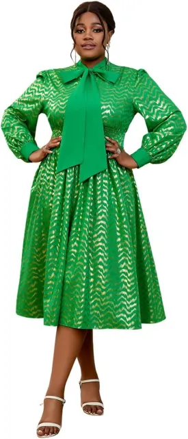 AOMEI Women's Elegant Bow Tie Neck Smocked Waist Dress Puff Long Sleeve Sparkle A Line Casual Work Office Midi Dresses