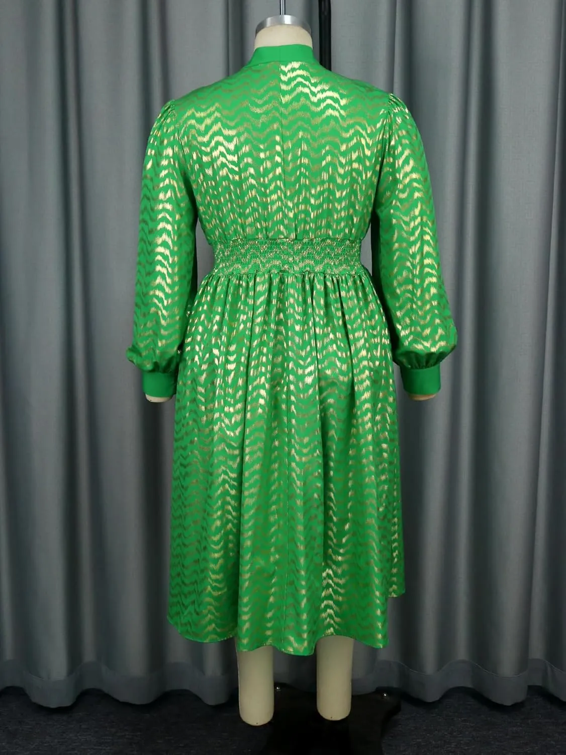 AOMEI Women's Elegant Bow Tie Neck Smocked Waist Dress Puff Long Sleeve Sparkle A Line Casual Work Office Midi Dresses