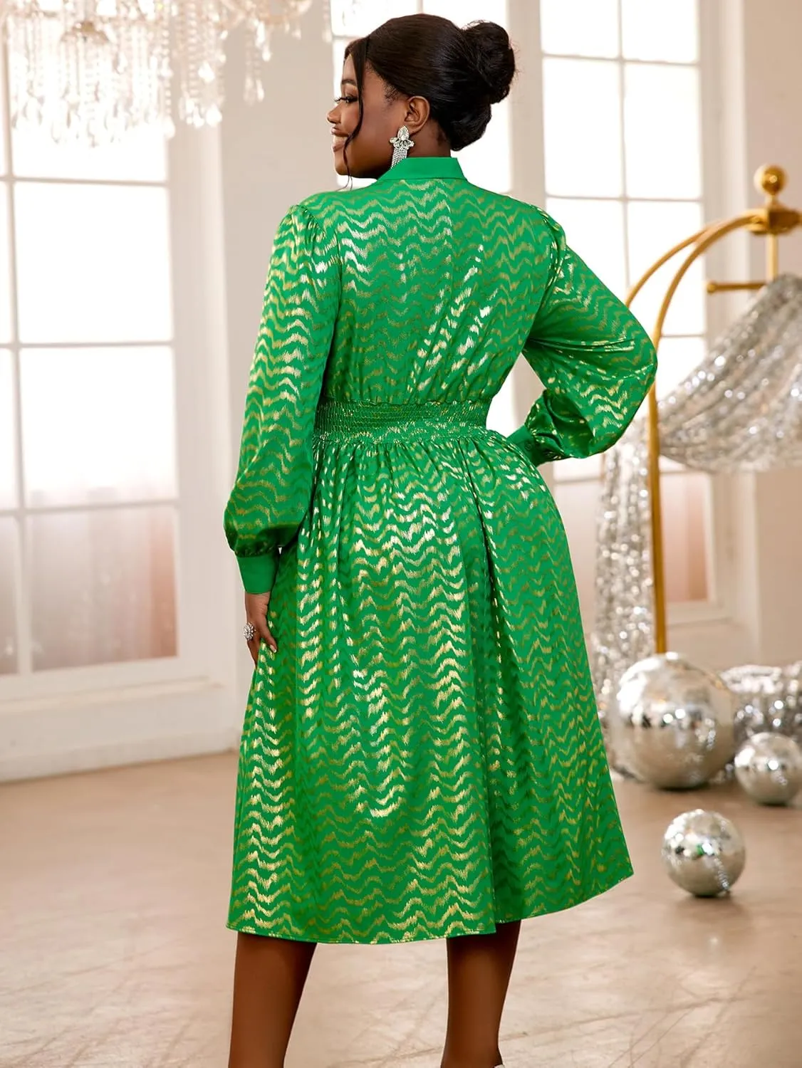 AOMEI Women's Elegant Bow Tie Neck Smocked Waist Dress Puff Long Sleeve Sparkle A Line Casual Work Office Midi Dresses