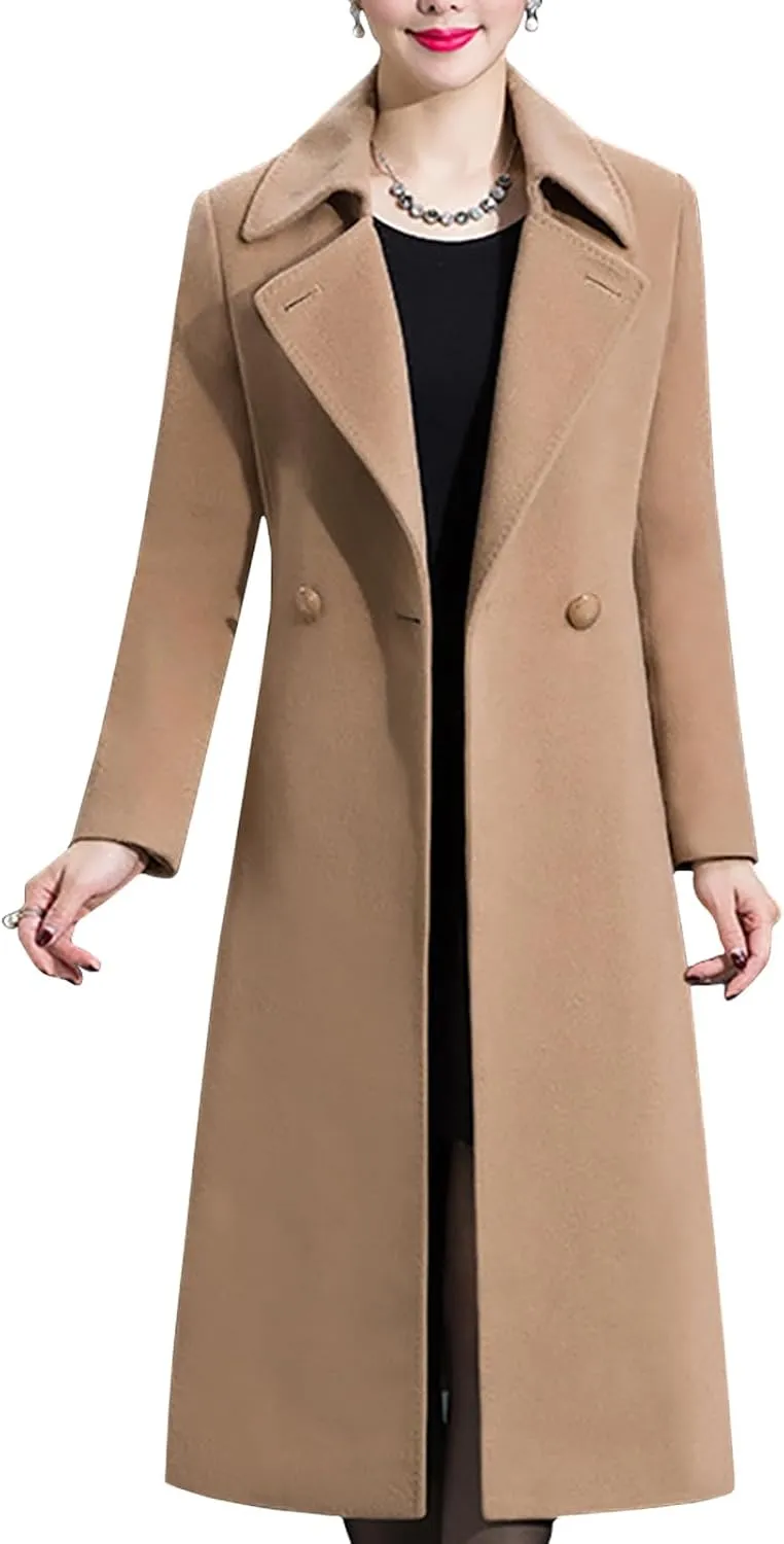 Aprsfn Women's Winter Wool Coats Warm Double-breasted Notched Lapel Jackets Midi Long Peacoat Long Sleeve Pea Coats