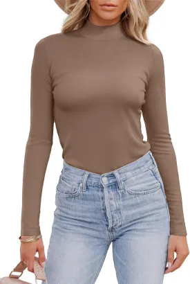 Areecin Women's Mock Neck Tops Long Sleeve Shirts Ribbed Knit Slim Fitted Casual Pullovers Tee Basic Tops