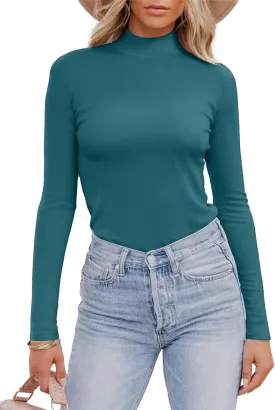 Areecin Women's Mock Neck Tops Long Sleeve Shirts Ribbed Knit Slim Fitted Casual Pullovers Tee Basic Tops
