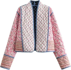 Arssm Women Floral Quilted Puffer Jacket Cropped Lightweight Patchwork Vintage Padded Short Coat Outerwear
