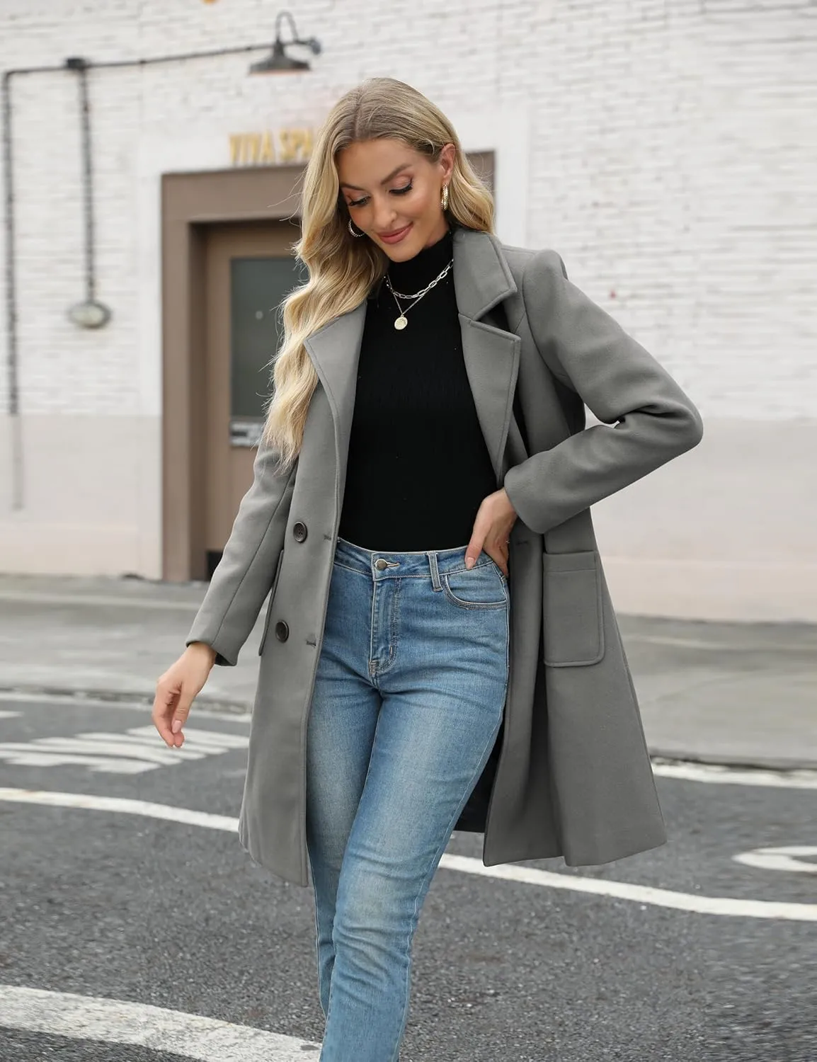 Bankeng Women Winter Wool Blend Camel Mid-Long Coat Notch Double-Breasted Lapel Jacket Outwear