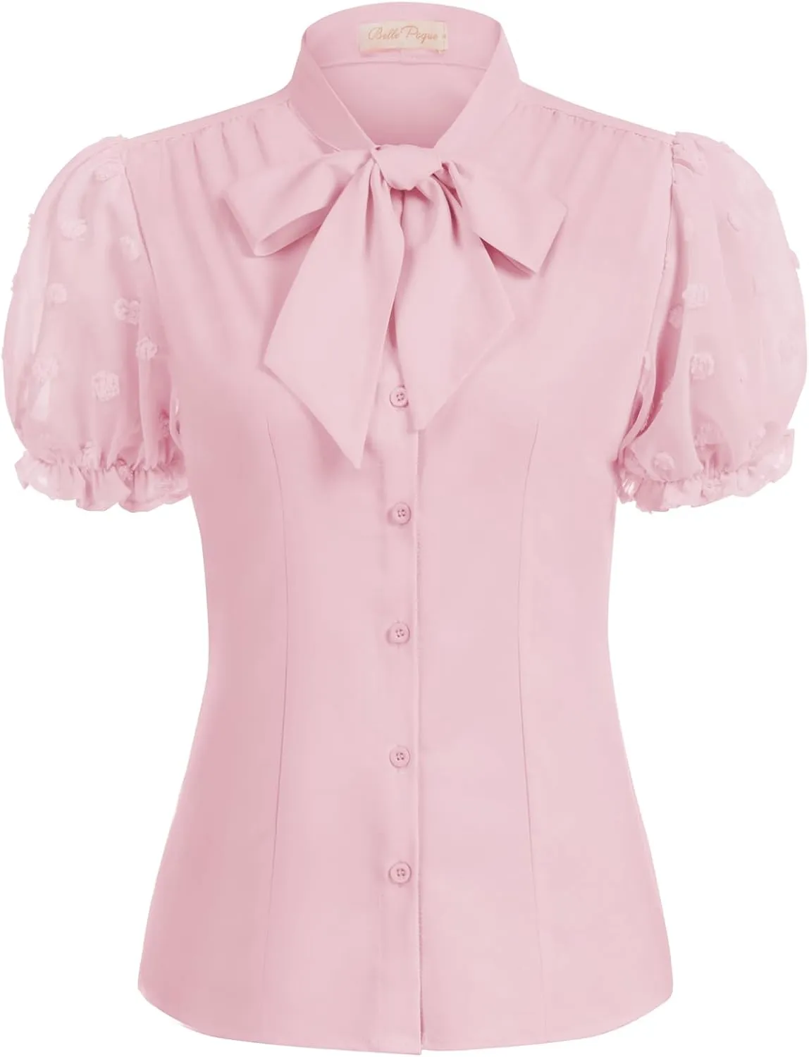 Belle Poque Summer Short Sleeve Office Button Down Blouse Vintage Business Casual Shirts Tops with Bow Tie