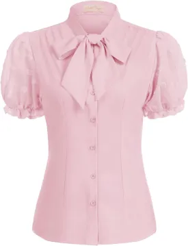 Belle Poque Summer Short Sleeve Office Button Down Blouse Vintage Business Casual Shirts Tops with Bow Tie