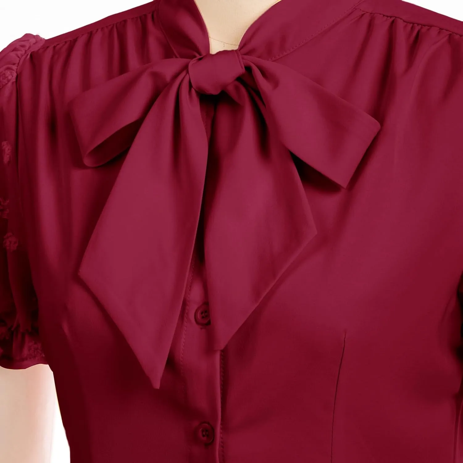 Belle Poque Summer Short Sleeve Office Button Down Blouse Vintage Business Casual Shirts Tops with Bow Tie