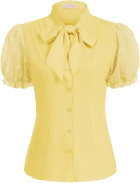 Belle Poque Summer Short Sleeve Office Button Down Blouse Vintage Business Casual Shirts Tops with Bow Tie