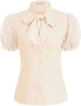 Belle Poque Summer Short Sleeve Office Button Down Blouse Vintage Business Casual Shirts Tops with Bow Tie