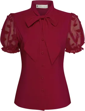 Belle Poque Summer Short Sleeve Office Button Down Blouse Vintage Business Casual Shirts Tops with Bow Tie