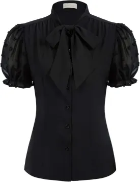 Belle Poque Summer Short Sleeve Office Button Down Blouse Vintage Business Casual Shirts Tops with Bow Tie