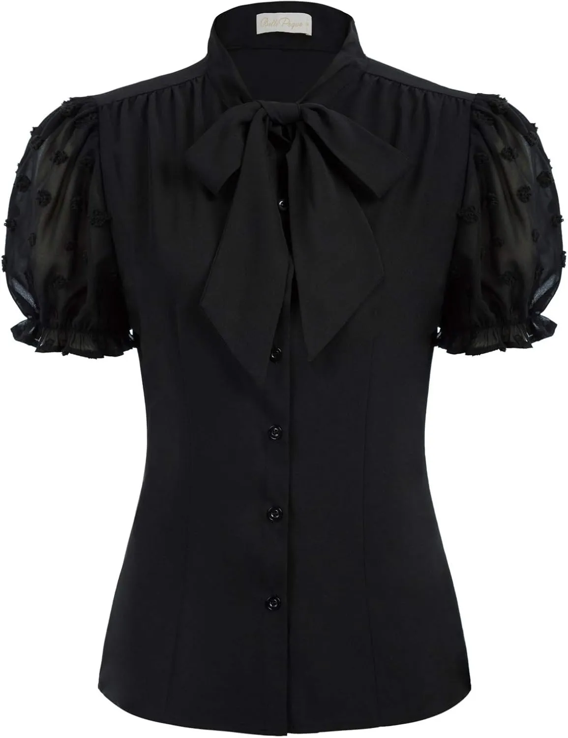 Belle Poque Summer Short Sleeve Office Button Down Blouse Vintage Business Casual Shirts Tops with Bow Tie