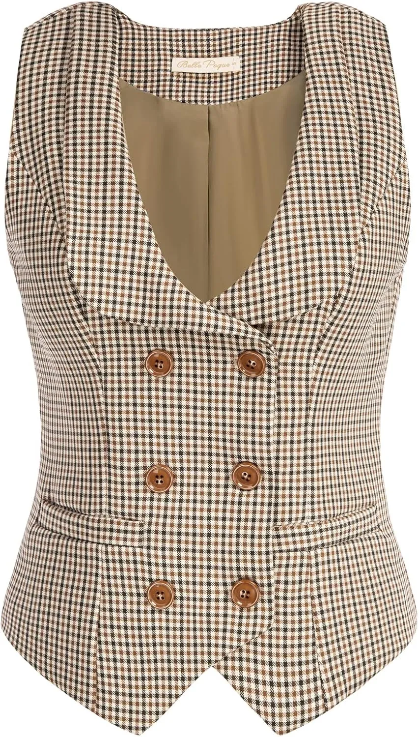 Belle Poque Women's Vintage Waistcoat Vest Suit Vests Double Breasted Sleeveless Blazer Coats