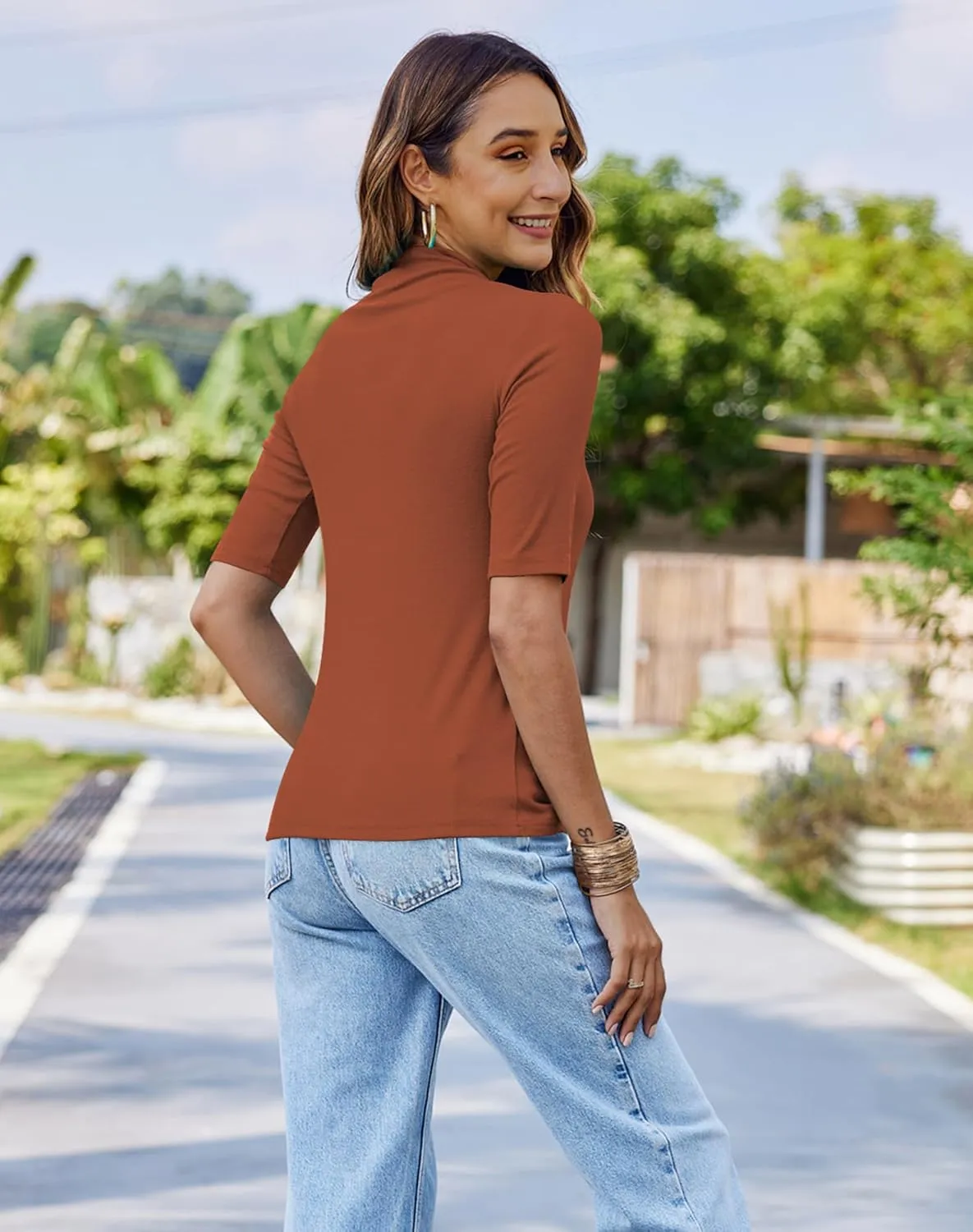 Bluetime Women Tops Half Sleeve Mock Turtleneck Tee Shirts Casual Slim Fit Basic Shirt Blouses