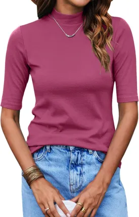 Bluetime Women Tops Half Sleeve Mock Turtleneck Tee Shirts Casual Slim Fit Basic Shirt Blouses