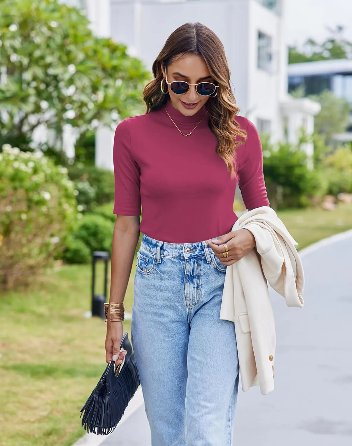 Bluetime Women Tops Half Sleeve Mock Turtleneck Tee Shirts Casual Slim Fit Basic Shirt Blouses