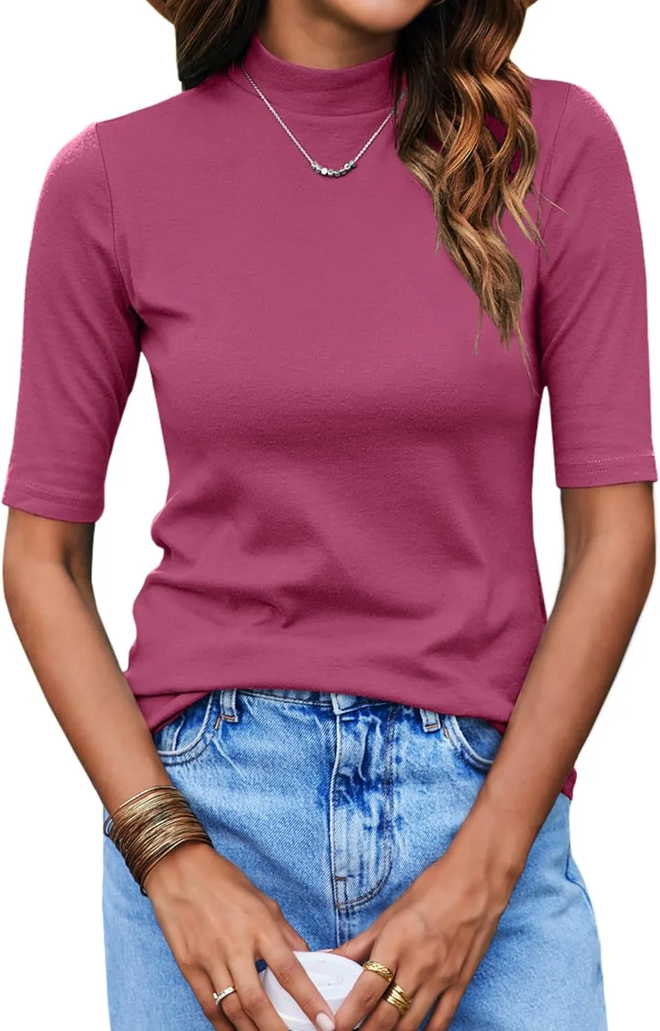Bluetime Women Tops Half Sleeve Mock Turtleneck Tee Shirts Casual Slim Fit Basic Shirt Blouses
