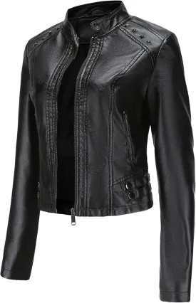 BOFETA Womens Faux Leather Long Sleeve Jackets Quilted Moto Outwear Slim Lapel Coats