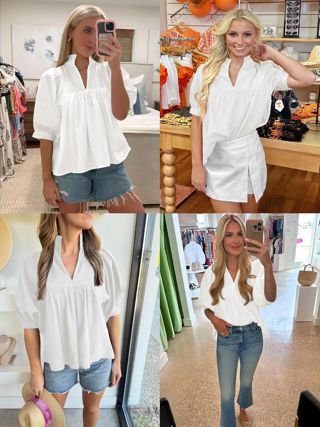 Cicy Bell Womens Puff Sleeve V Neck Blouse Babydoll Peplum Tops Dressy Casual Pleated Loose Fit Shirts