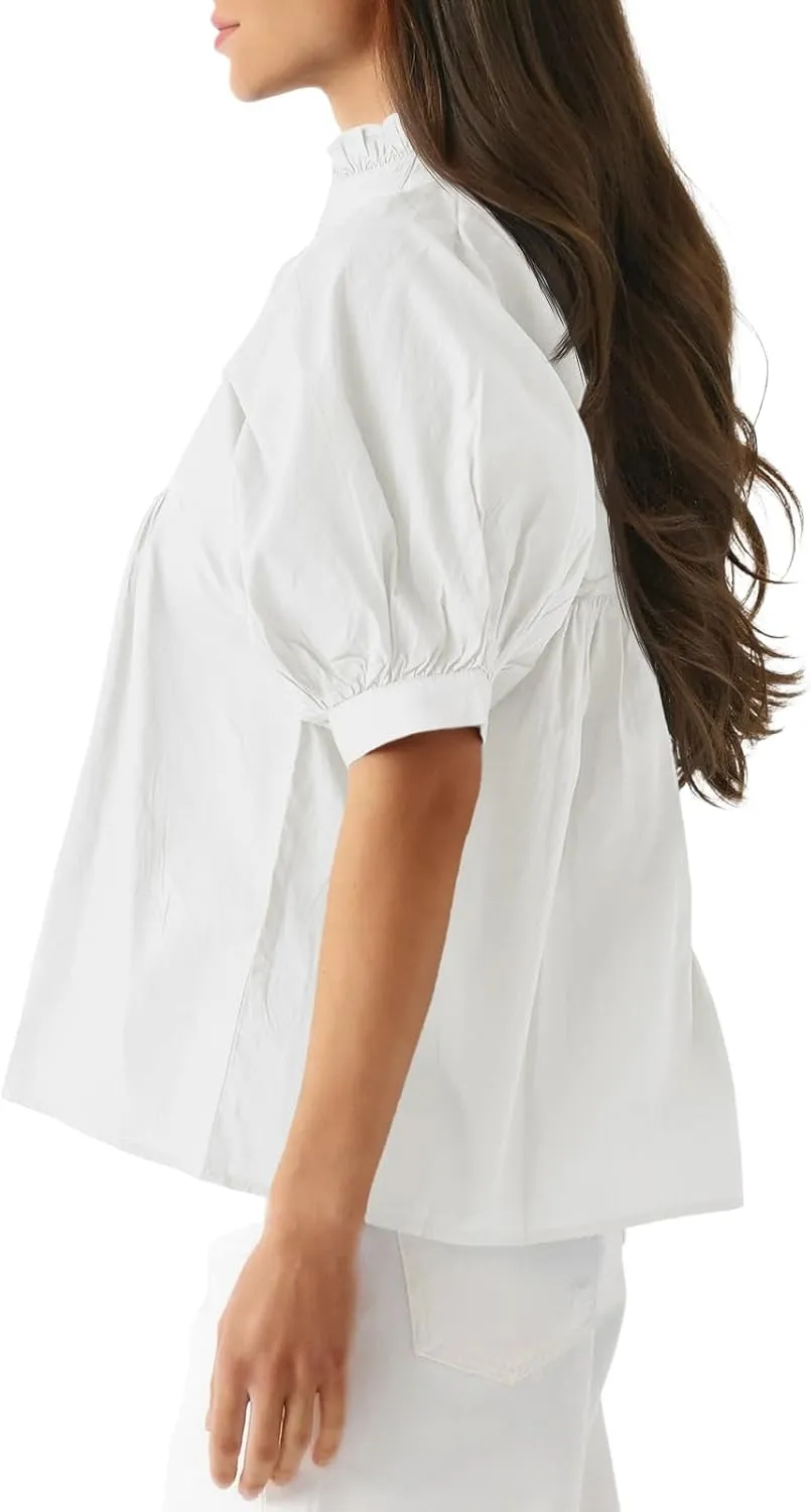 Cicy Bell Womens Puff Sleeve V Neck Blouse Babydoll Peplum Tops Dressy Casual Pleated Loose Fit Shirts