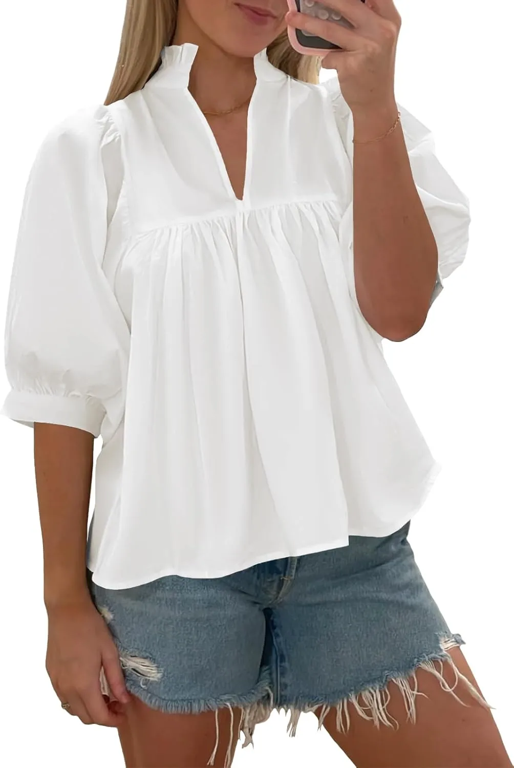Cicy Bell Womens Puff Sleeve V Neck Blouse Babydoll Peplum Tops Dressy Casual Pleated Loose Fit Shirts