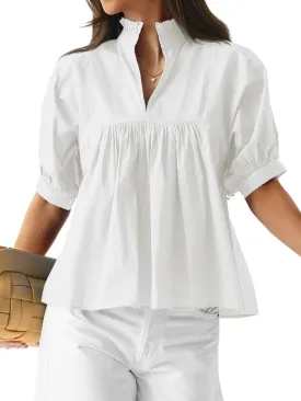 Cicy Bell Womens Puff Sleeve V Neck Blouse Babydoll Peplum Tops Dressy Casual Pleated Loose Fit Shirts