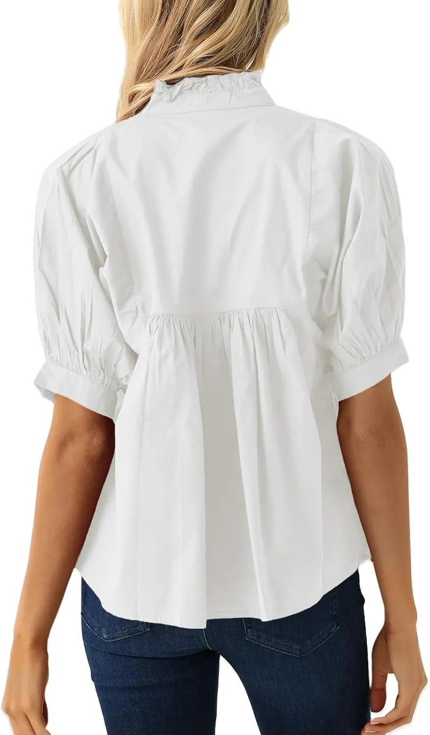 Cicy Bell Womens Puff Sleeve V Neck Blouse Babydoll Peplum Tops Dressy Casual Pleated Loose Fit Shirts