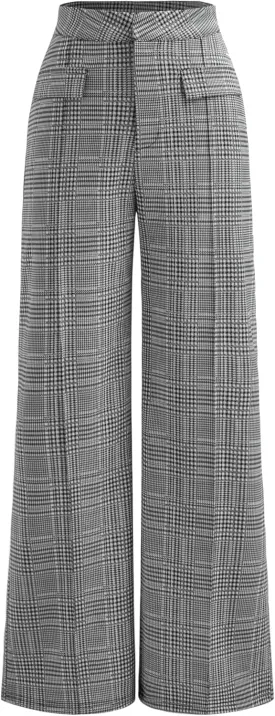 CIDER Women's High Waisted Wide Leg Pants Plaid Pants Business Casual Trousers with Pockets