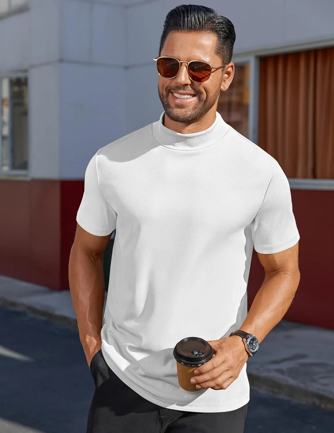 COOFANDY Mens Mock Turtleneck Shirts Short Sleeve Casual Basic T-Shirts Ribbed Solid Pullover Tops