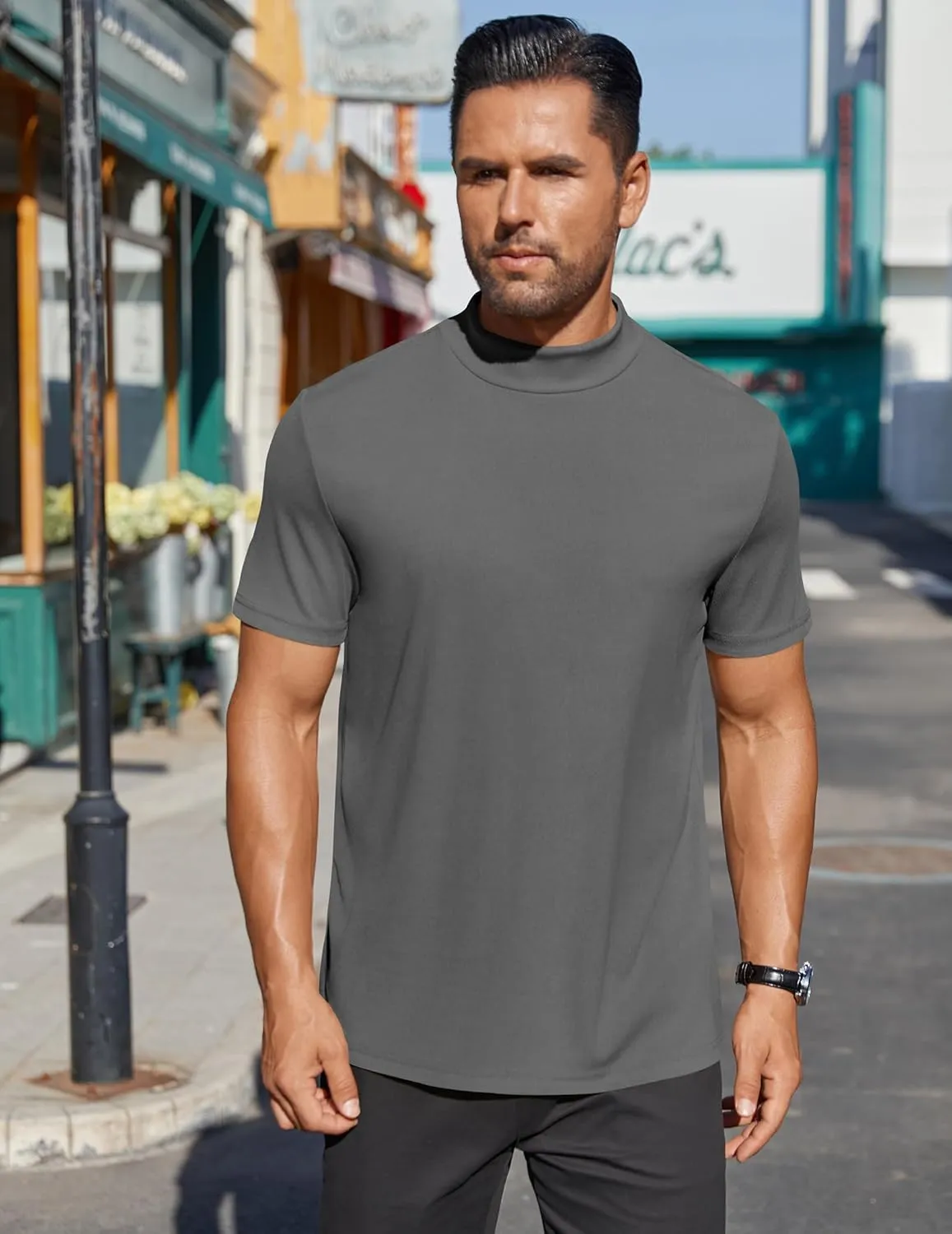 COOFANDY Mens Mock Turtleneck Shirts Short Sleeve Casual Basic T-Shirts Ribbed Solid Pullover Tops