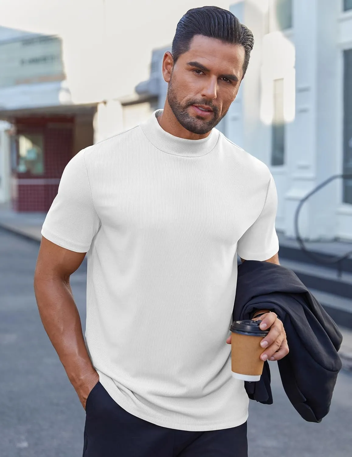 COOFANDY Mens Mock Turtleneck Shirts Short Sleeve Casual Basic T-Shirts Ribbed Solid Pullover Tops