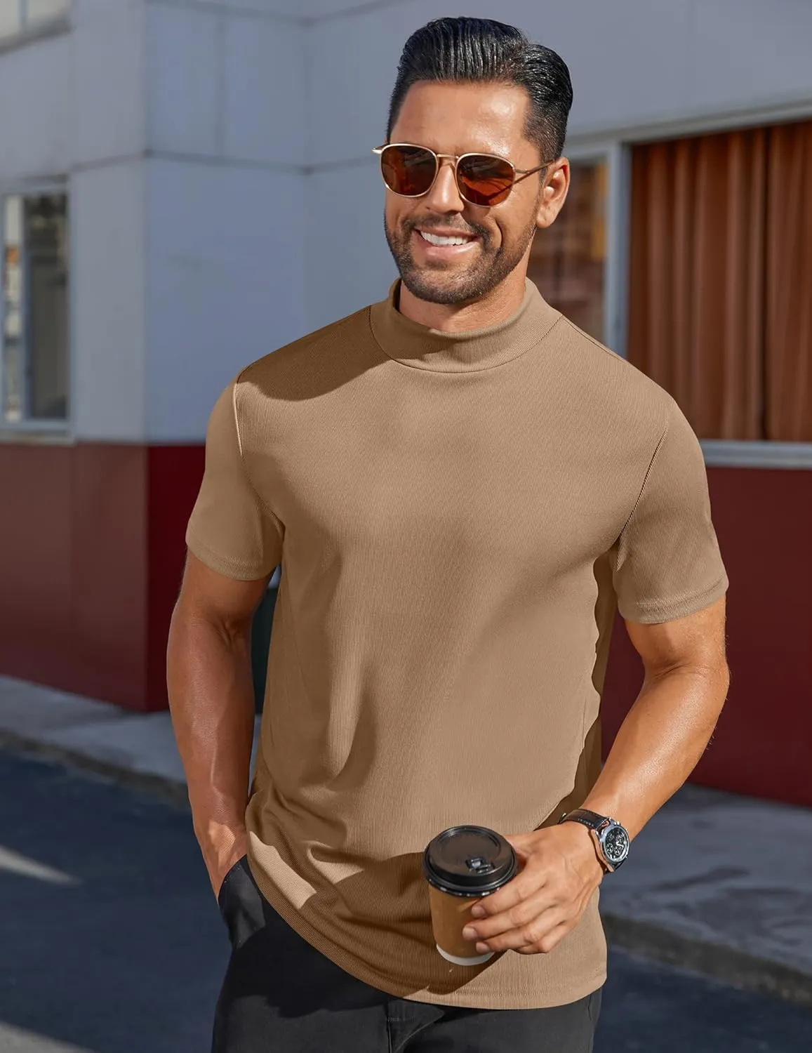 COOFANDY Mens Mock Turtleneck Shirts Short Sleeve Casual Basic T-Shirts Ribbed Solid Pullover Tops