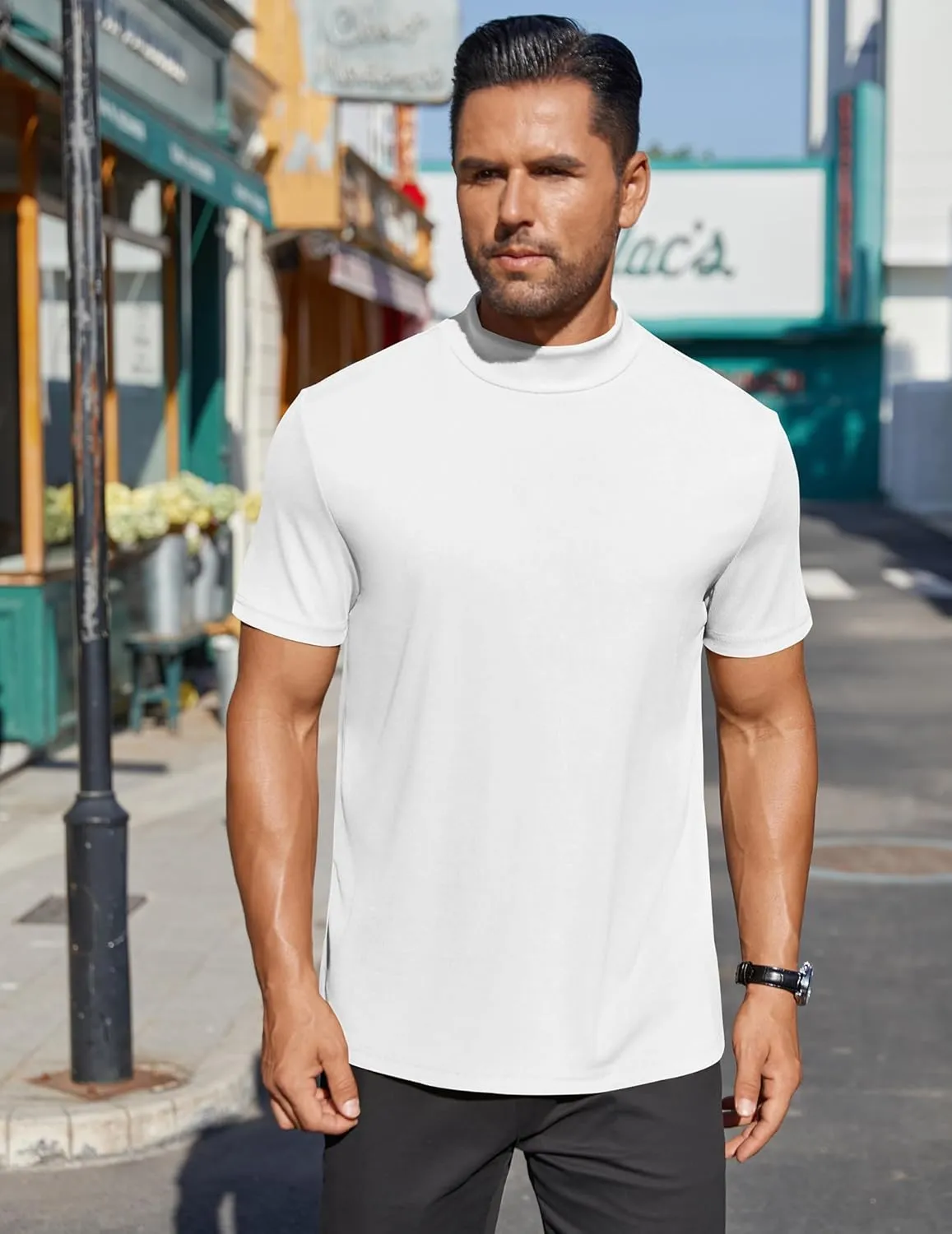 COOFANDY Mens Mock Turtleneck Shirts Short Sleeve Casual Basic T-Shirts Ribbed Solid Pullover Tops