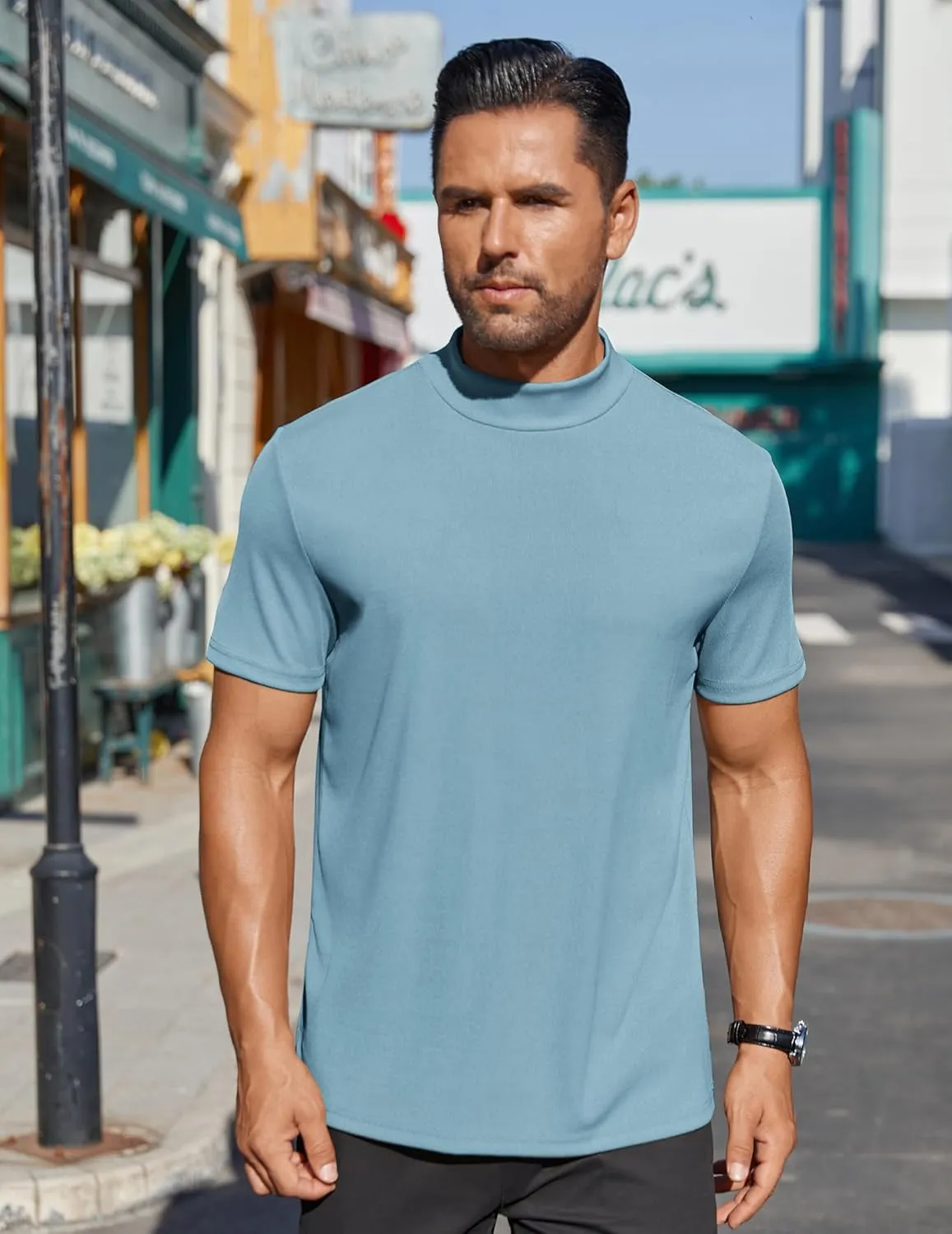 COOFANDY Mens Mock Turtleneck Shirts Short Sleeve Casual Basic T-Shirts Ribbed Solid Pullover Tops