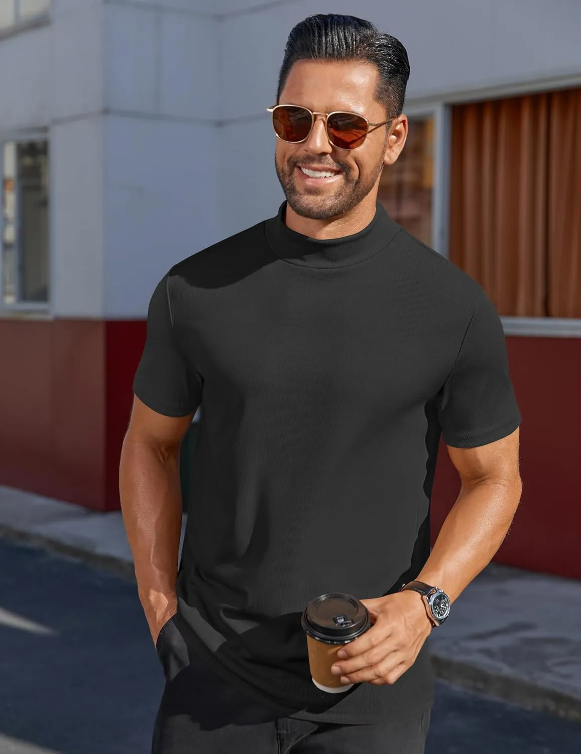 COOFANDY Mens Mock Turtleneck Shirts Short Sleeve Casual Basic T-Shirts Ribbed Solid Pullover Tops