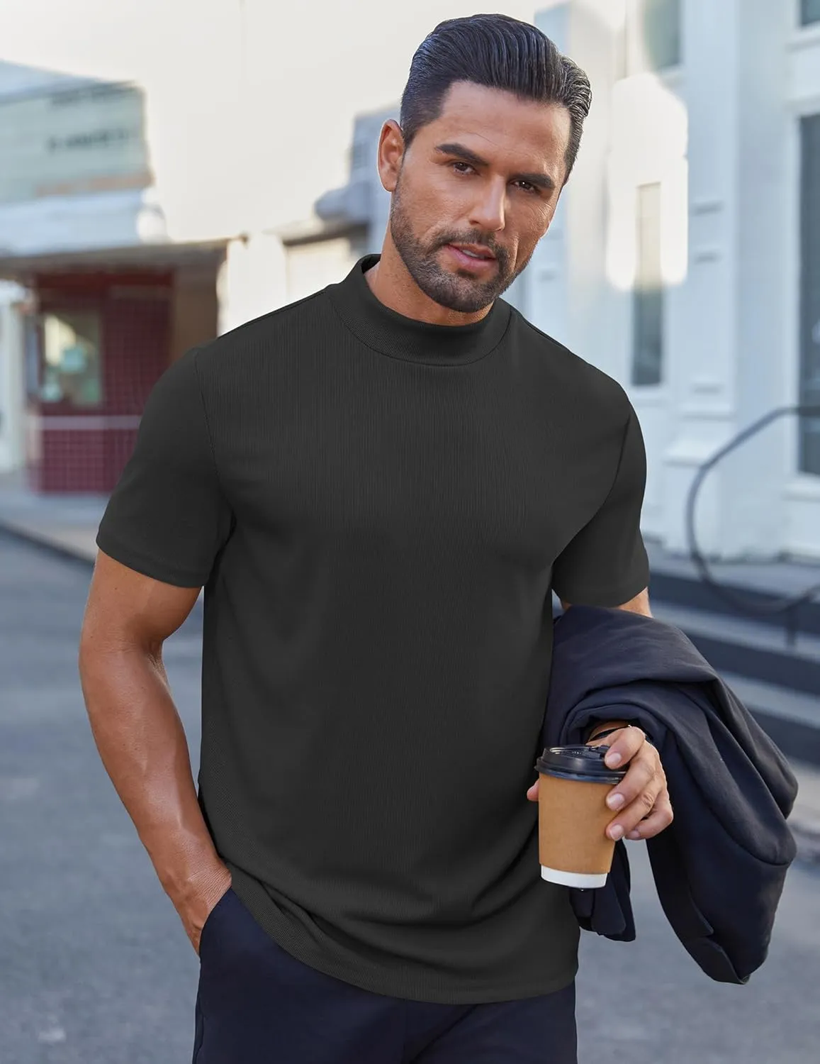 COOFANDY Mens Mock Turtleneck Shirts Short Sleeve Casual Basic T-Shirts Ribbed Solid Pullover Tops