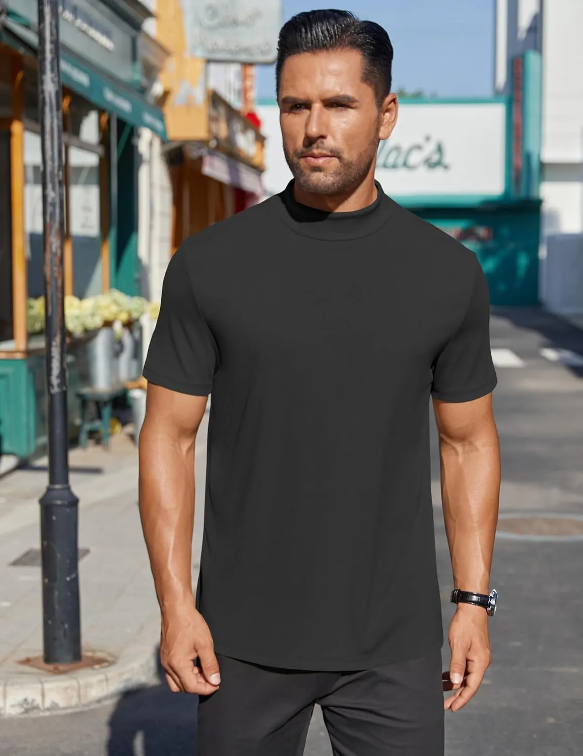 COOFANDY Mens Mock Turtleneck Shirts Short Sleeve Casual Basic T-Shirts Ribbed Solid Pullover Tops
