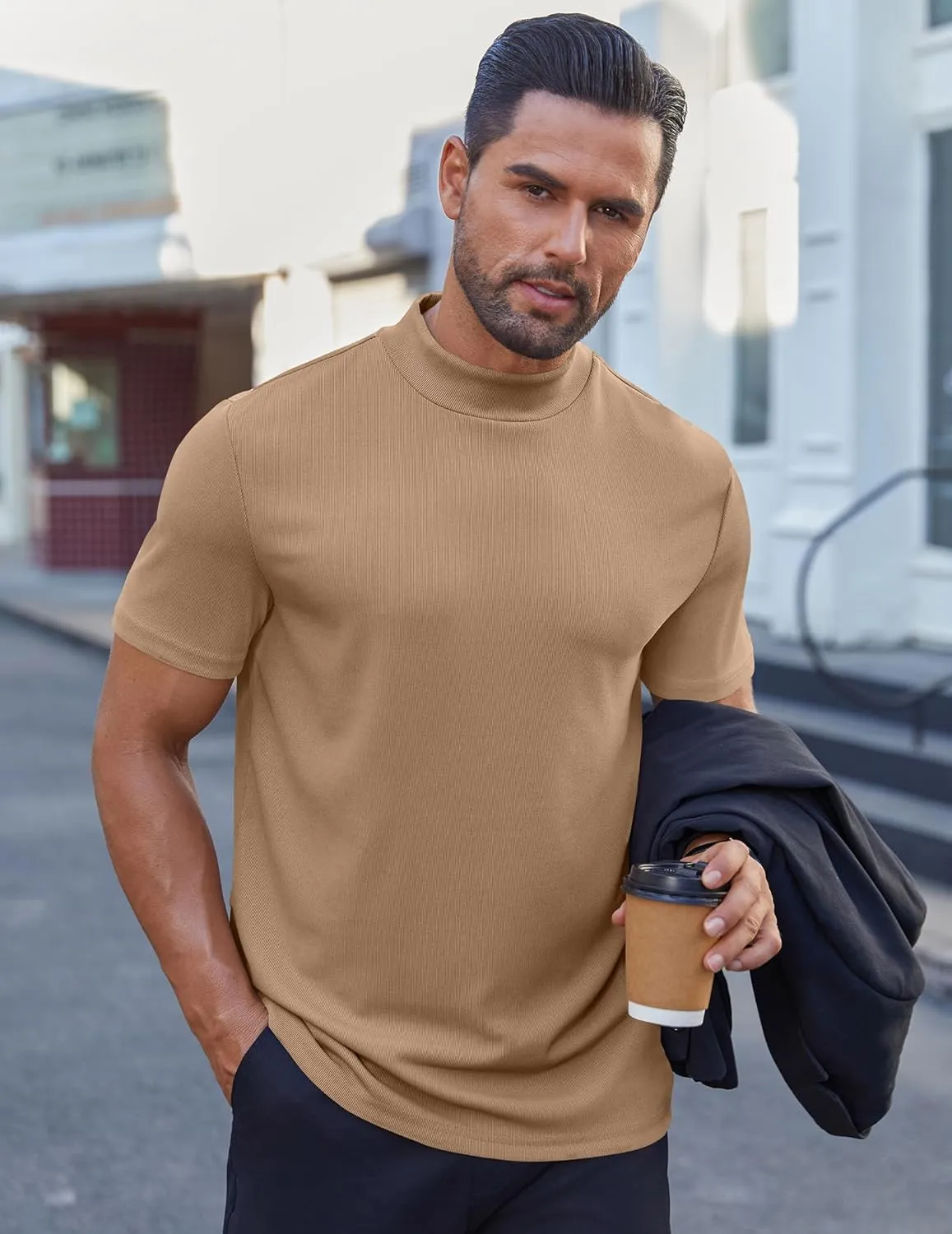 COOFANDY Mens Mock Turtleneck Shirts Short Sleeve Casual Basic T-Shirts Ribbed Solid Pullover Tops
