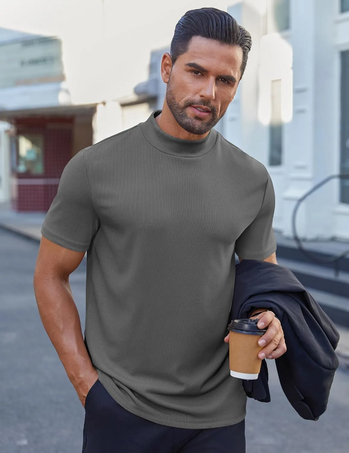 COOFANDY Mens Mock Turtleneck Shirts Short Sleeve Casual Basic T-Shirts Ribbed Solid Pullover Tops