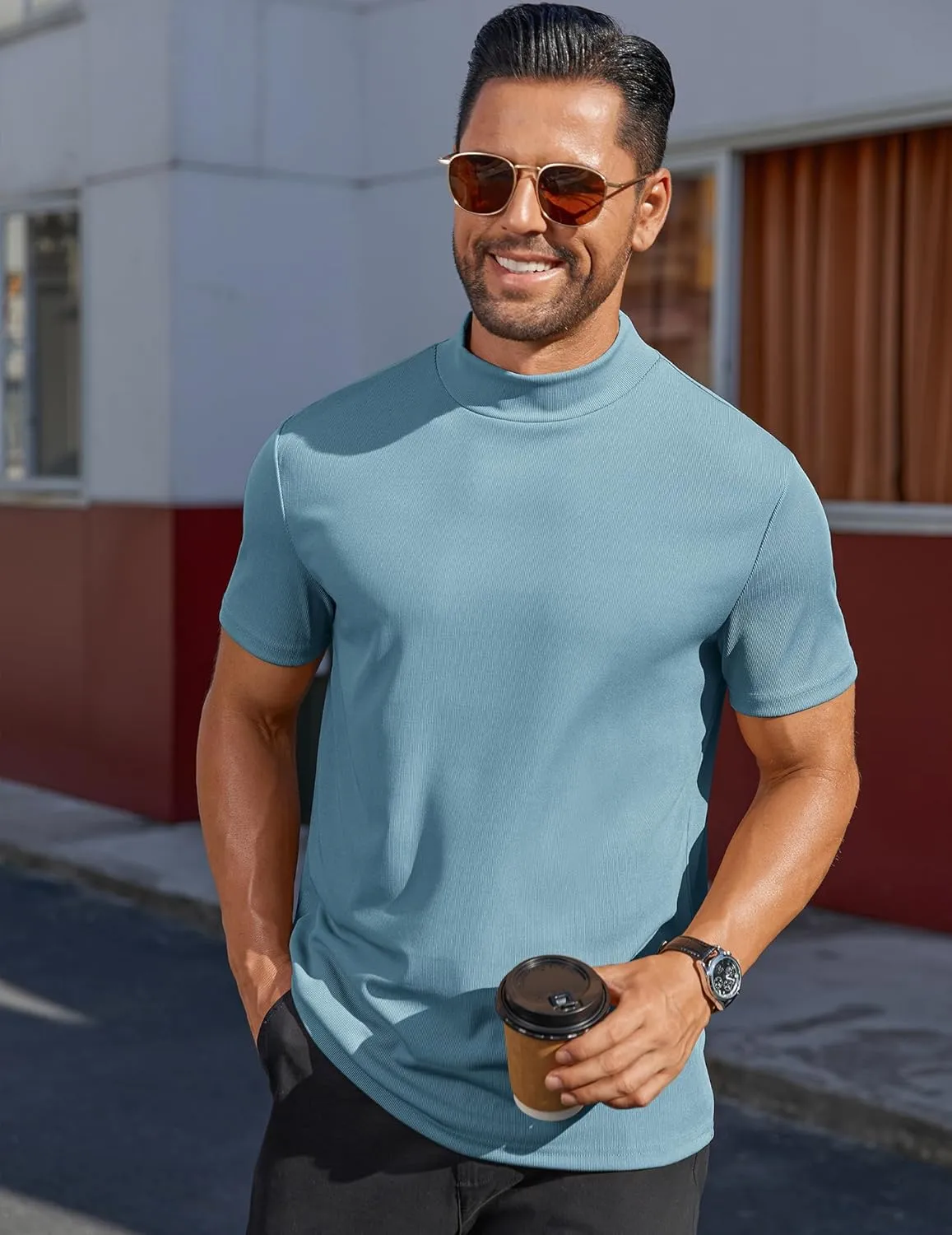 COOFANDY Mens Mock Turtleneck Shirts Short Sleeve Casual Basic T-Shirts Ribbed Solid Pullover Tops