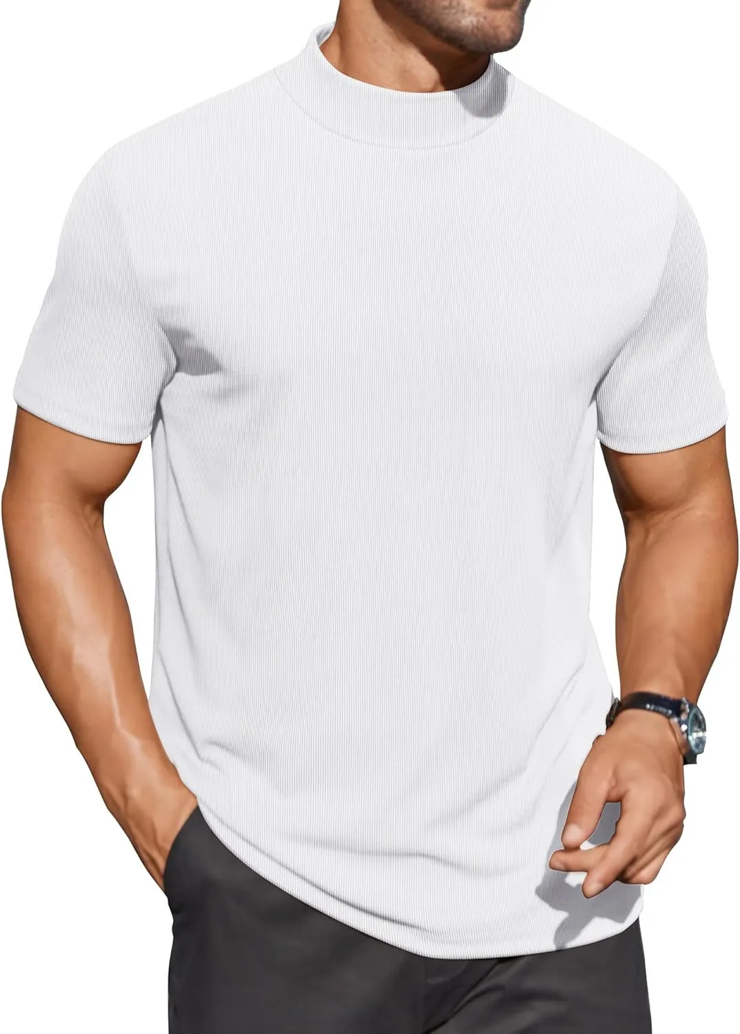 COOFANDY Mens Mock Turtleneck Shirts Short Sleeve Casual Basic T-Shirts Ribbed Solid Pullover Tops