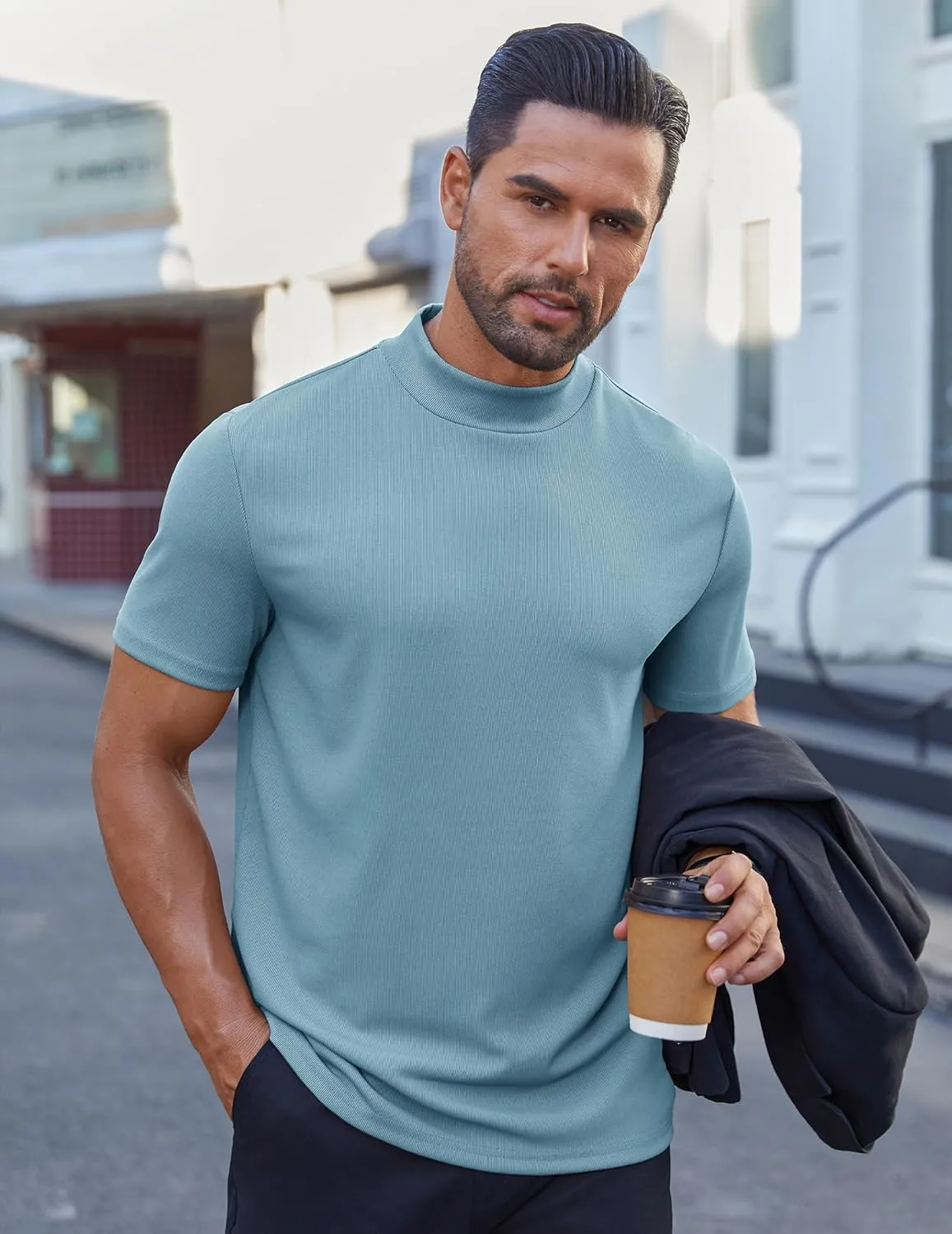 COOFANDY Mens Mock Turtleneck Shirts Short Sleeve Casual Basic T-Shirts Ribbed Solid Pullover Tops