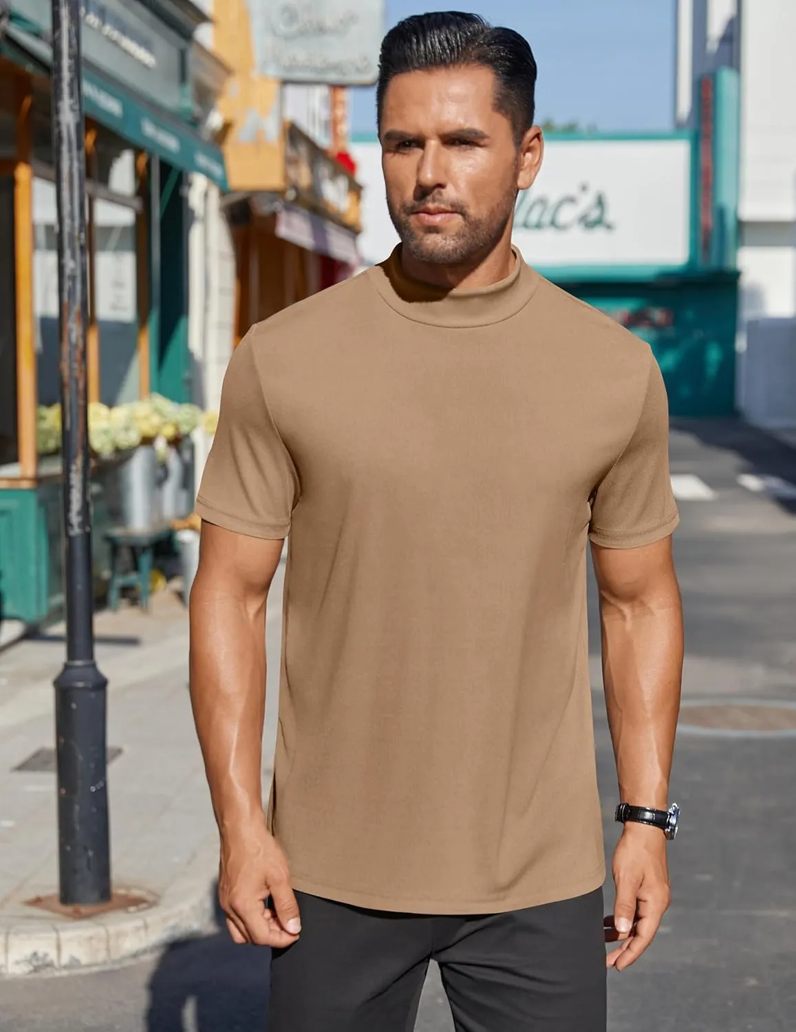 COOFANDY Mens Mock Turtleneck Shirts Short Sleeve Casual Basic T-Shirts Ribbed Solid Pullover Tops