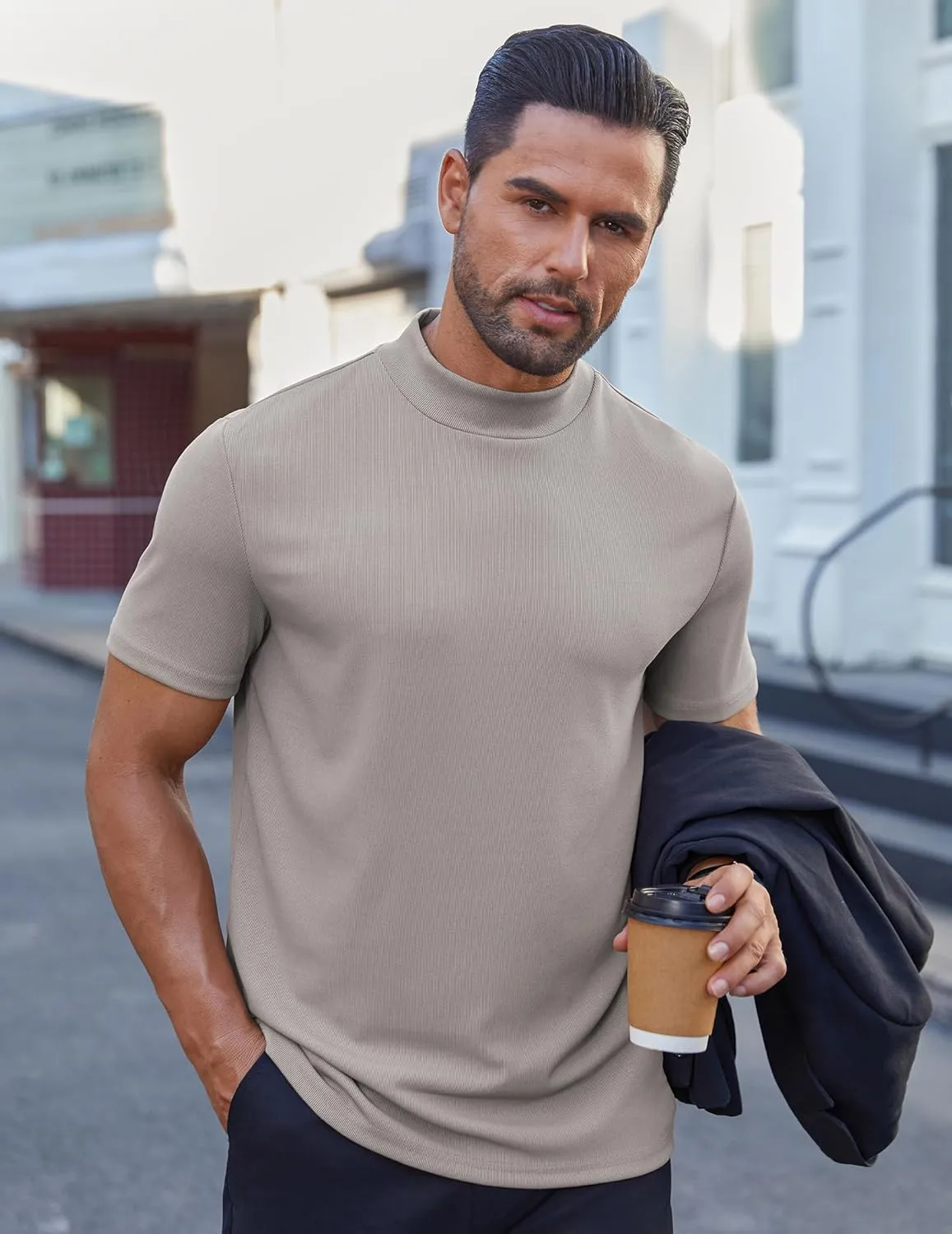 COOFANDY Mens Mock Turtleneck Shirts Short Sleeve Casual Basic T-Shirts Ribbed Solid Pullover Tops