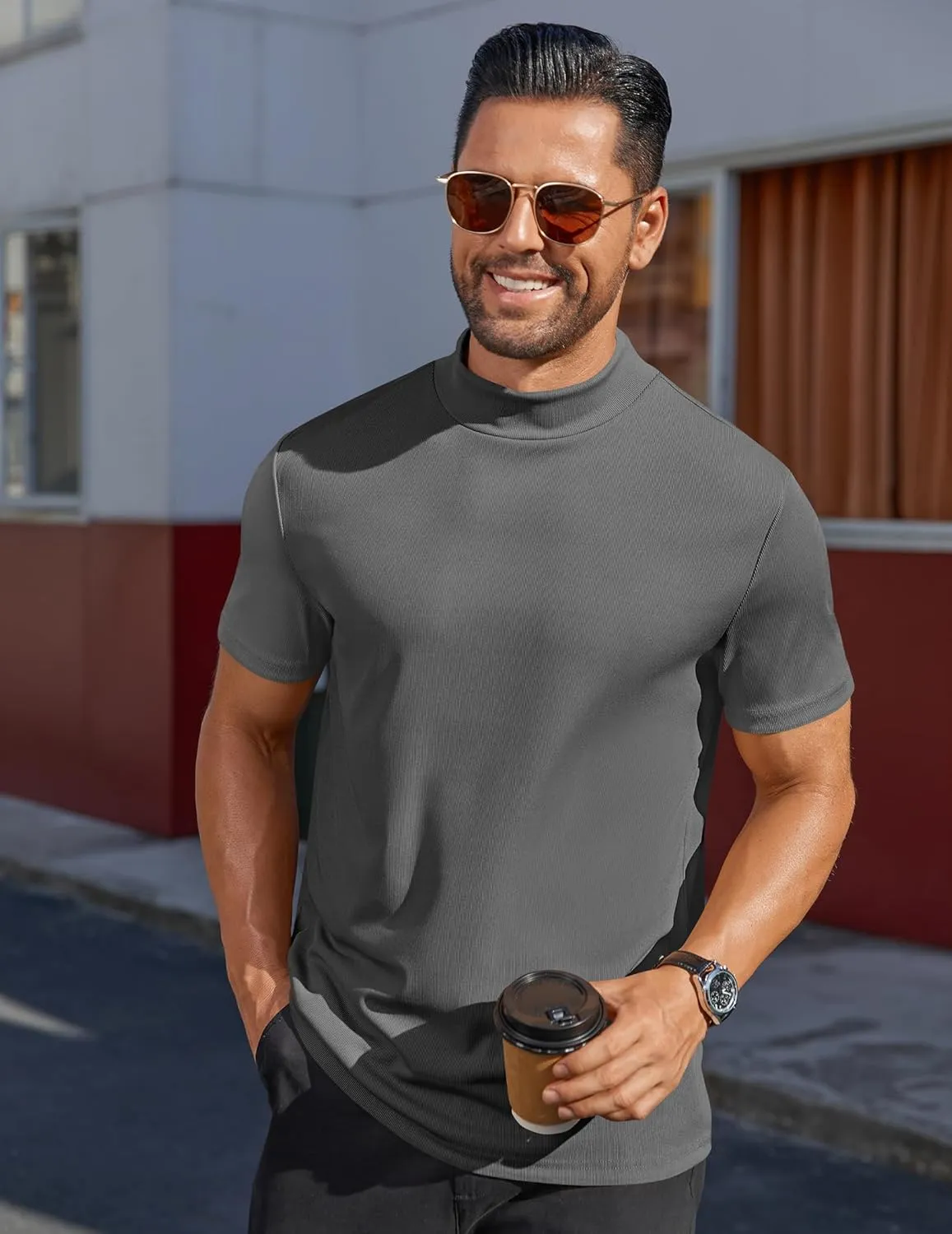 COOFANDY Mens Mock Turtleneck Shirts Short Sleeve Casual Basic T-Shirts Ribbed Solid Pullover Tops