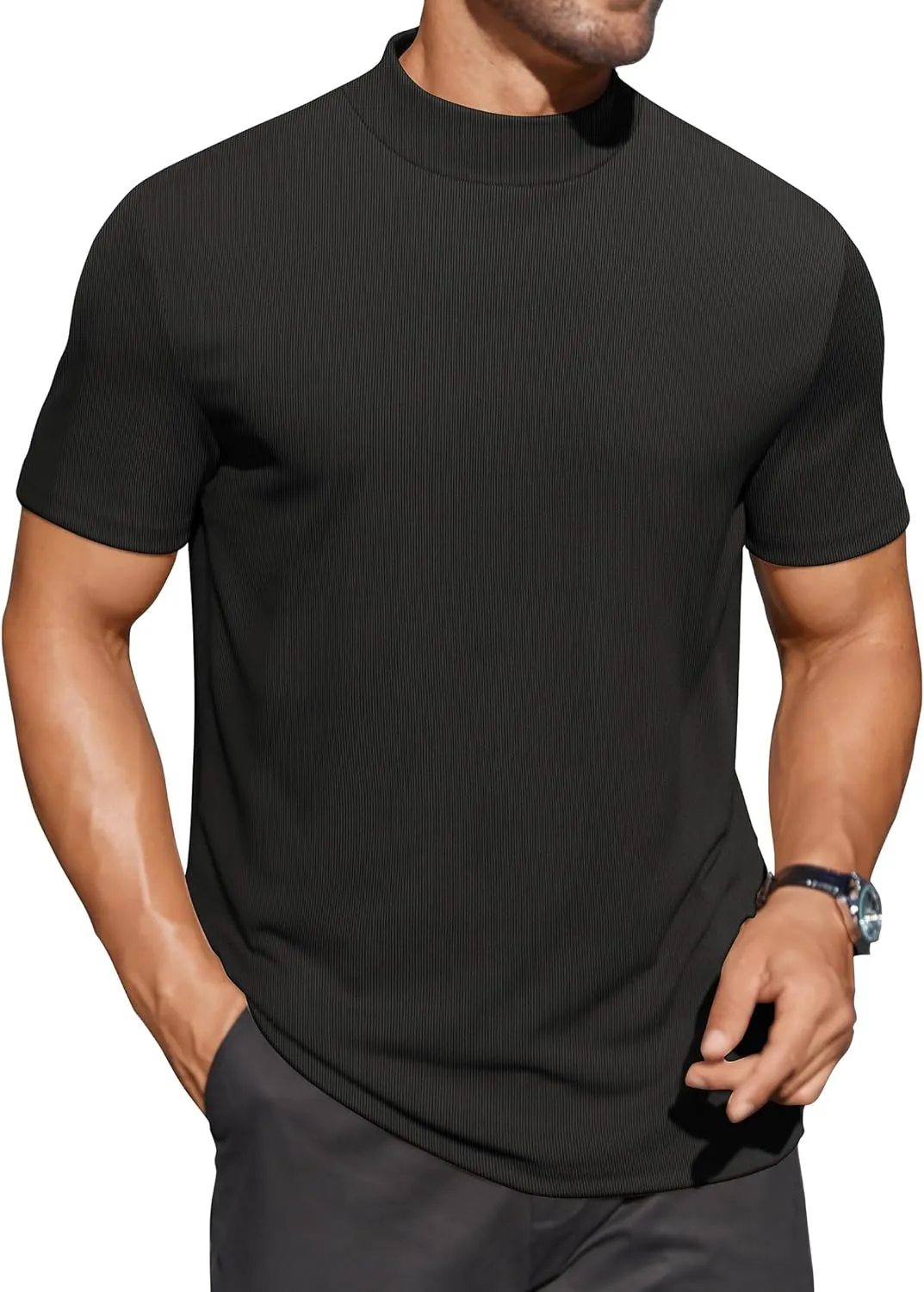 COOFANDY Mens Mock Turtleneck Shirts Short Sleeve Casual Basic T-Shirts Ribbed Solid Pullover Tops
