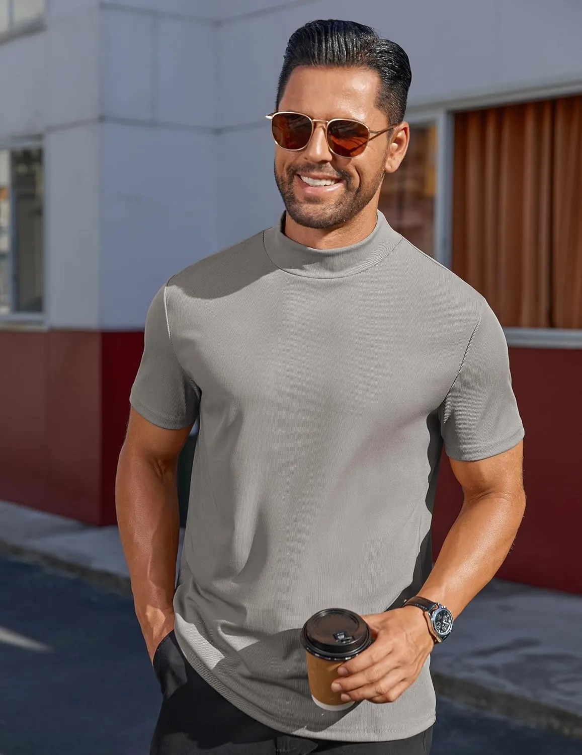COOFANDY Mens Mock Turtleneck Shirts Short Sleeve Casual Basic T-Shirts Ribbed Solid Pullover Tops