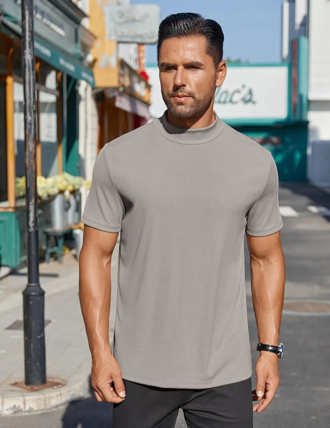 COOFANDY Mens Mock Turtleneck Shirts Short Sleeve Casual Basic T-Shirts Ribbed Solid Pullover Tops