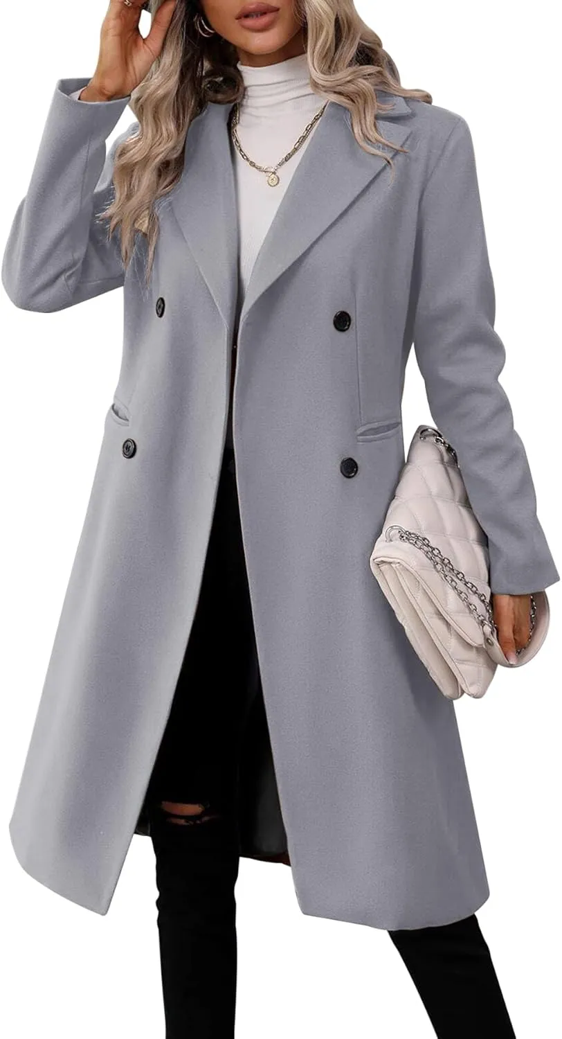 Danedvi Womens Long Double Breasted Coats Lapel Collar Pea Coat Winter Slim Fit Jackets Trench Coat Outwear